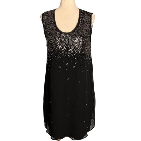 Elie Tahari Sleeveless Black Shift Dress Metal Ring Circles Sz M Silk Short - Picture 2 of 9